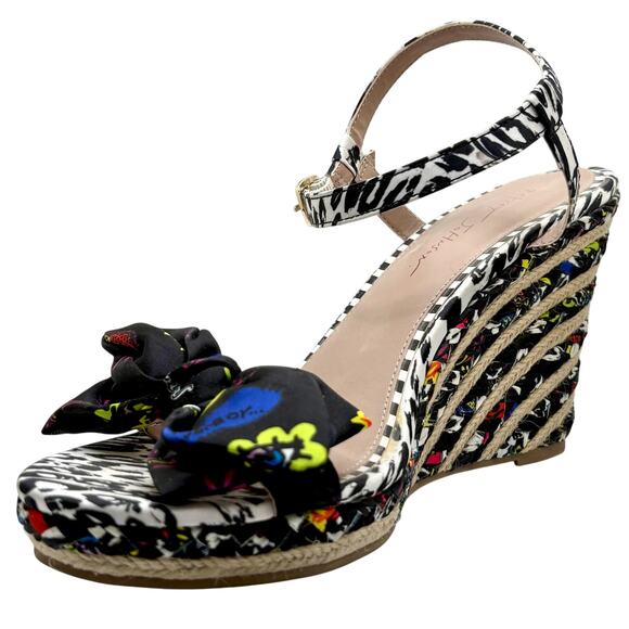 Betsey Johnson Wedge Espadrilles Rainbow Black Jute Bow & Ankle Strap - Picture 1 of 14